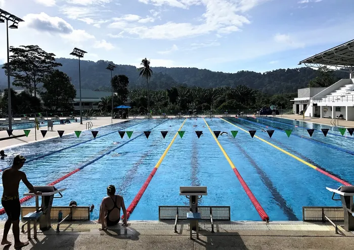 Outdoor pool with marked swimming lanes
