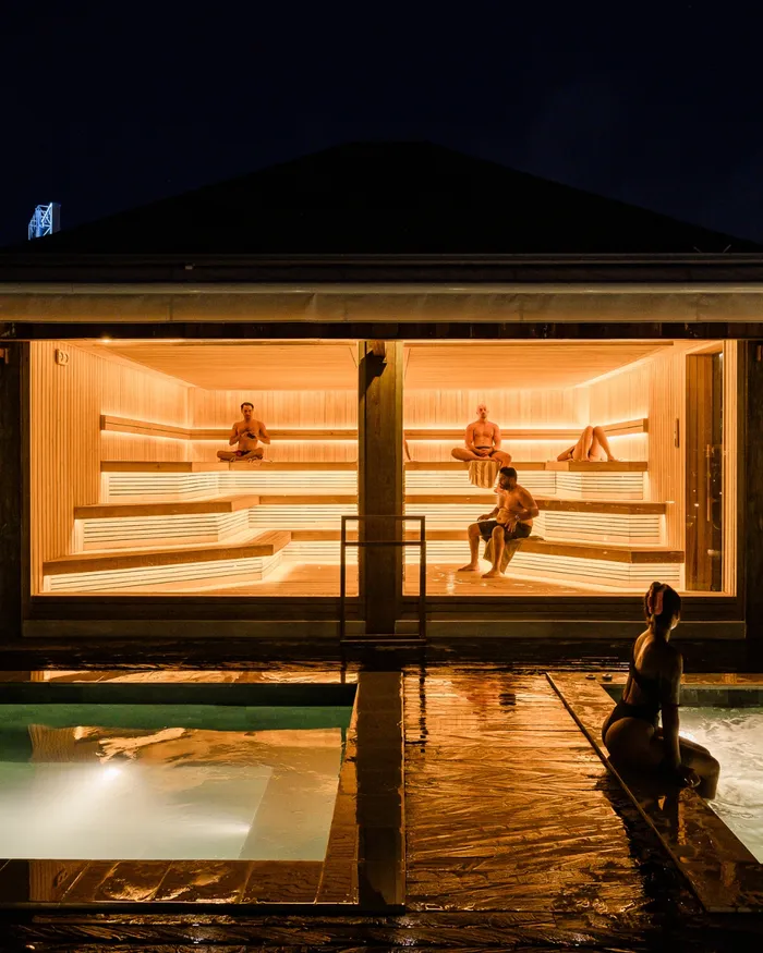 Warm wood interior of a sauna